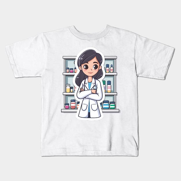 Pharmacist Woman Cute Pharmacy Cartoon Stlye Kids T-Shirt by Vlaa